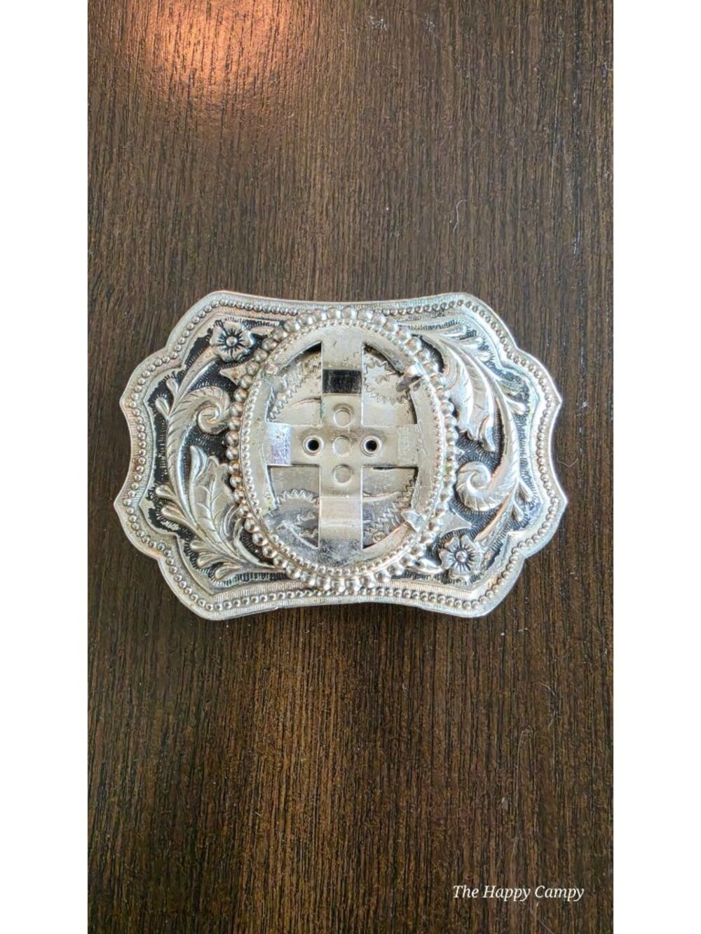 Western Floral Silver Tone Belt Buckle Customizable Concho Coin Center Rodeo